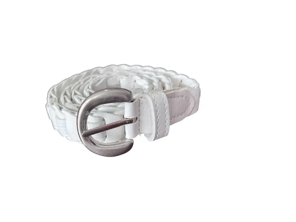 White Braided Skinny Belt Womens Small Leather Woven Chrome Tone Buckle